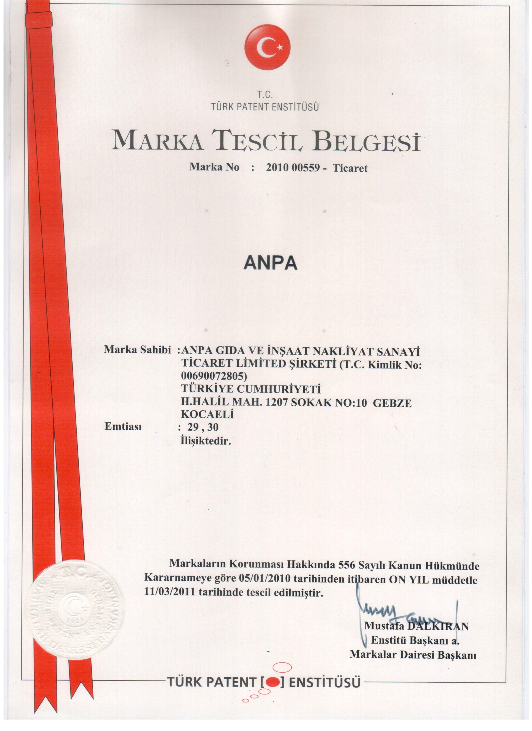 ANPA-MARKA TESCİL BELGESİ