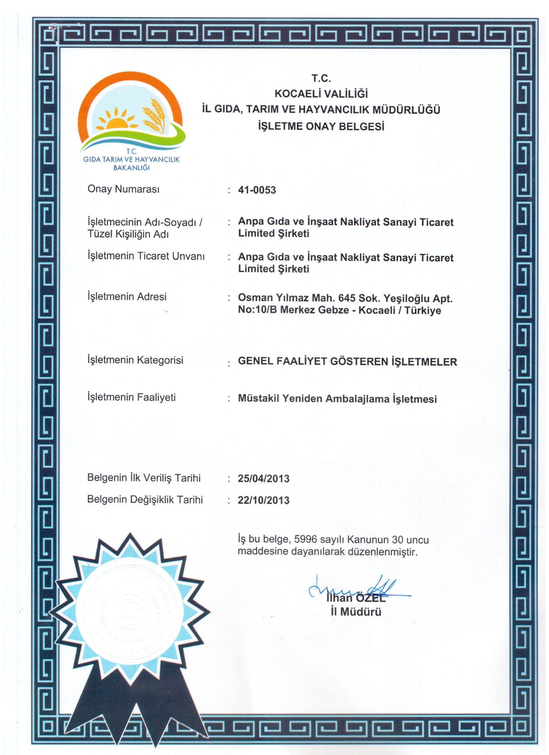 PAKETLEME ONAY BELGESİ